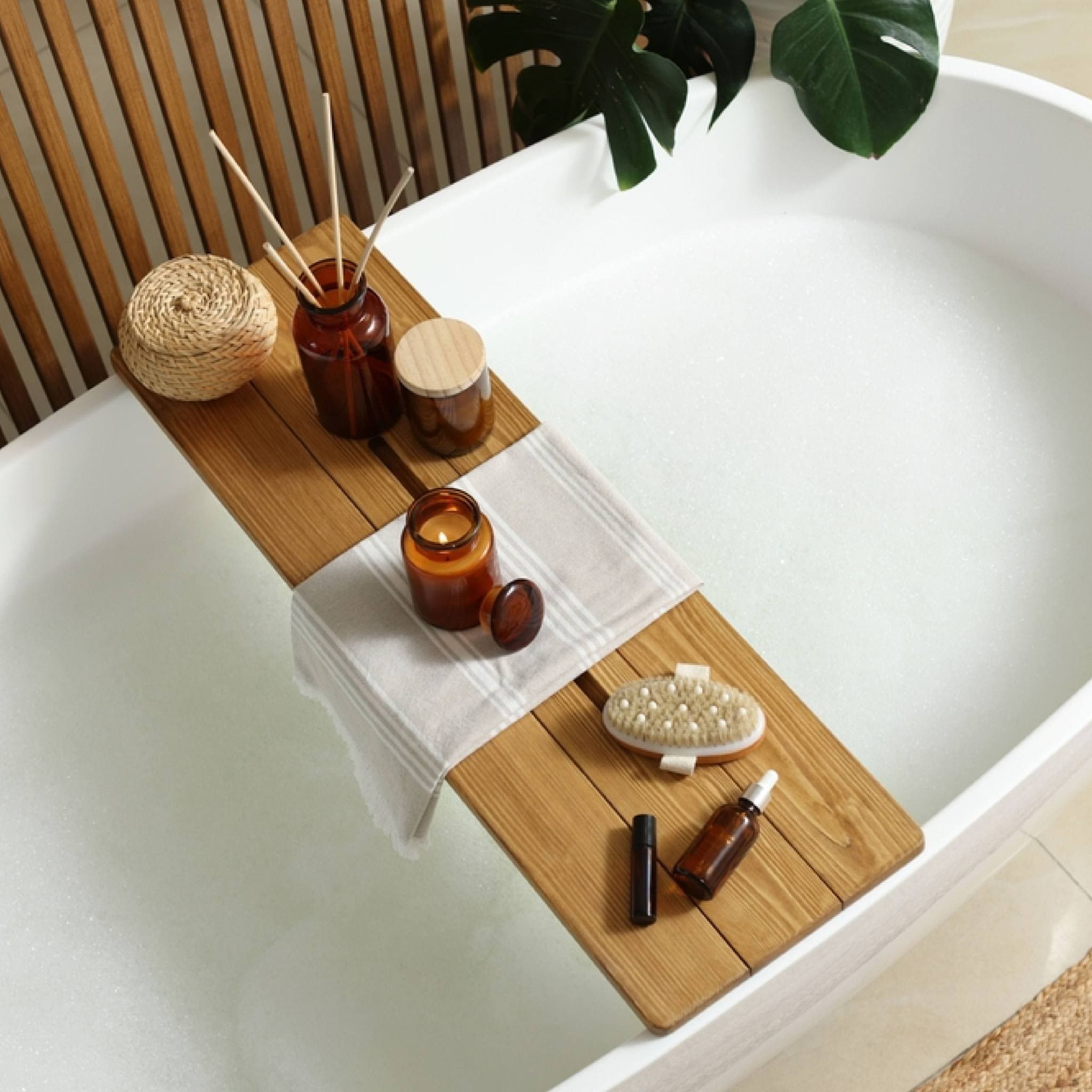 Spa products on a wooden tray